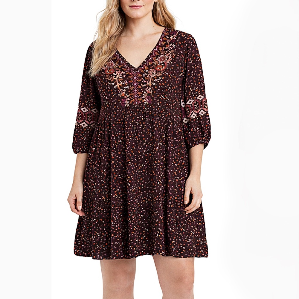 J. Jill Burgundy Floral Long Sleeve Dress